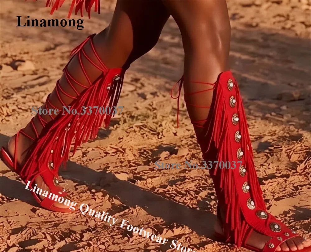 Open Toe Rhinestone Suede Fringe Gladiator Boots for Women