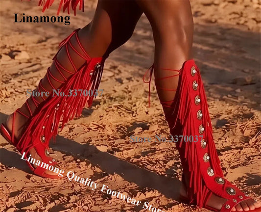Rhinestone Fringe Gladiator Boots