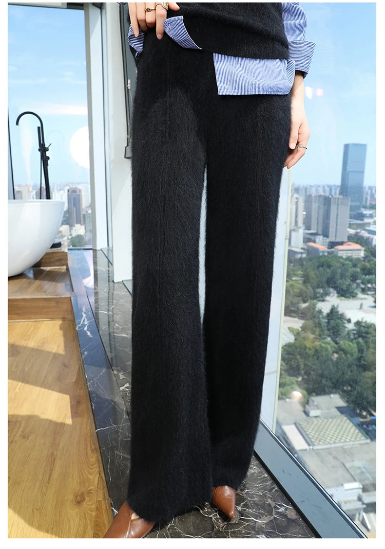 Elastic Waist Wide-Leg Knitted Cashmere Trousers for Women