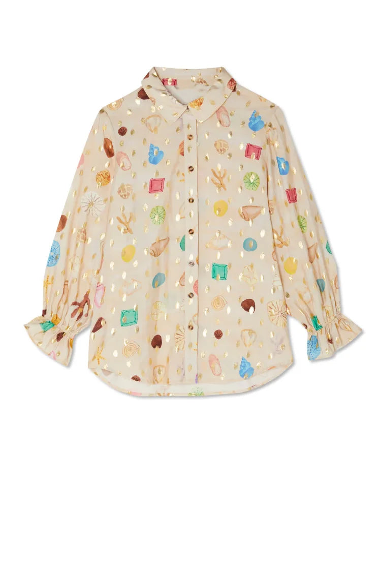 Printed Loose Lapel Long Sleeve Shirt Shorts Two Piece Set For Women