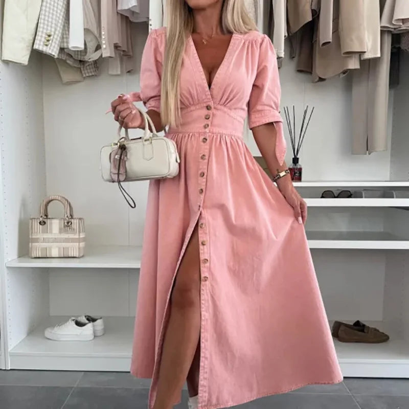 Spring Summer V Neck Fashion Maxi Dress, Women Half Sleeve Elegant Simple Party Dress, Single-Breasted Chic Ladies Dress Vestido