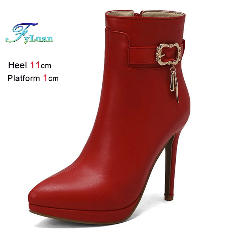 Red High Heel Pointed Toe Ankle Boots