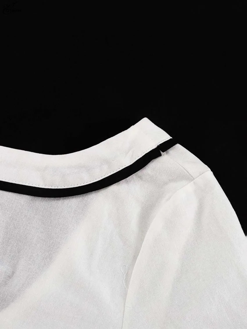 Oymimi Fashion White Cotton Two Piece Outfits Woman Elegant O-Neck Patchwork Short Sleeve Open Back Tops And Straight Skirts Set