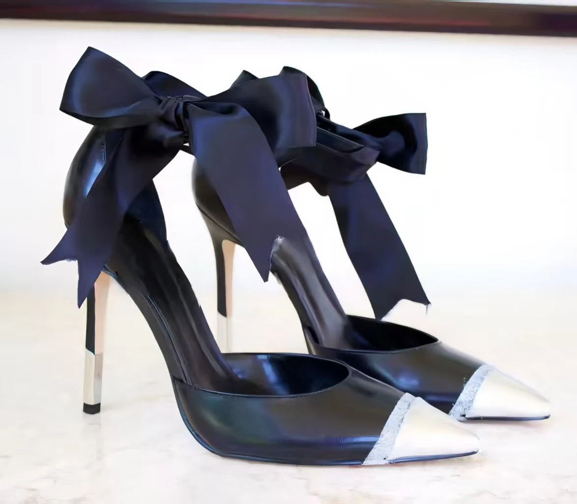 Black Faux Leather Stiletto Pumps With Satin Bow For Women