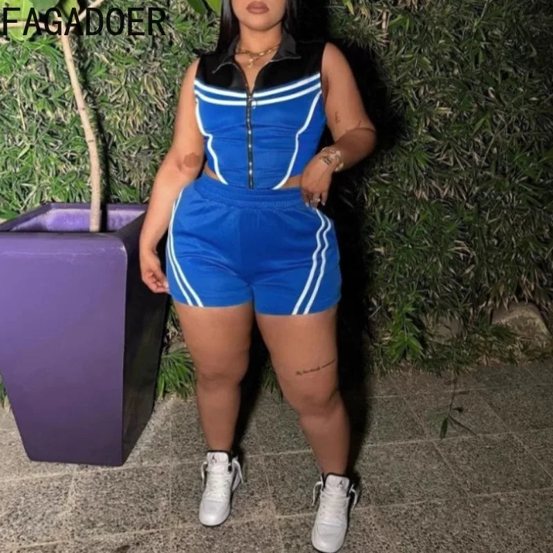 FAGADOER Casual Stripe Patchwork 2 Pieces Set for Woman Sleeveless Zipper Top and Pockets Shorts Outfits Female Sportywear New