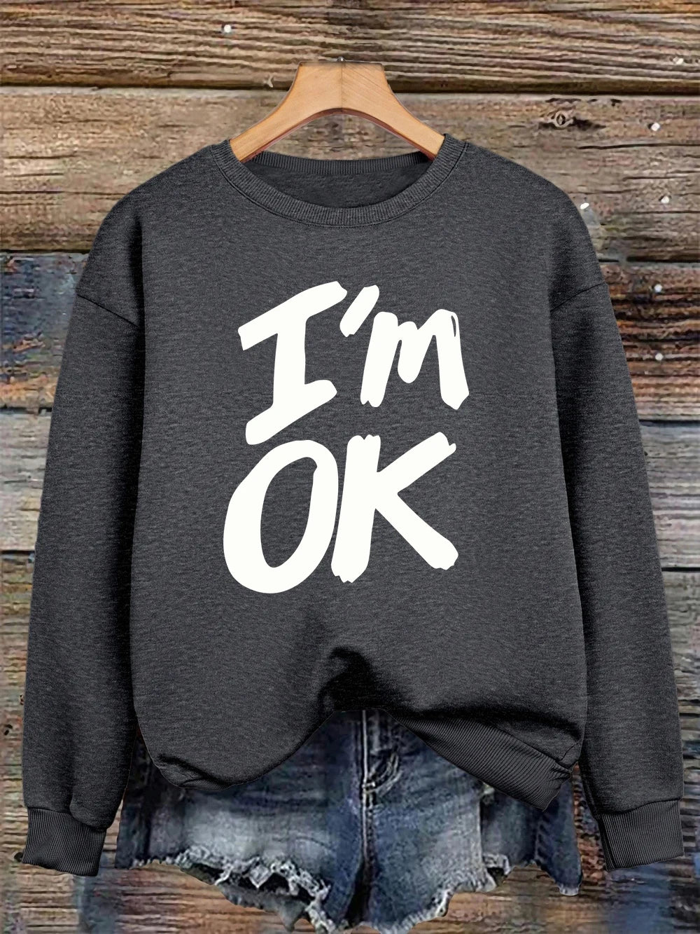 I'M Okay Letter Printed Sweatshirts Womens Autumn Winter Casual Hoodie Fleece Warm Crewneck Pullovers Street Loose Woman Clothes