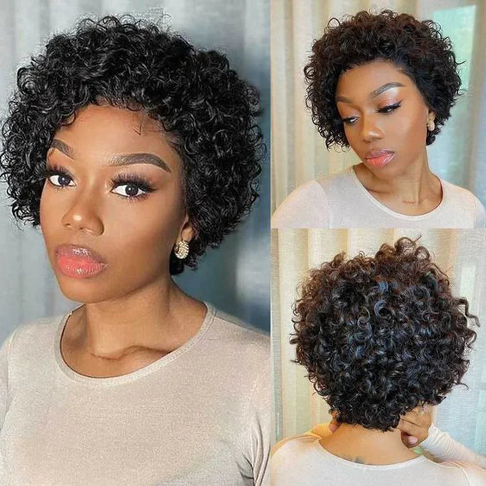 Short Kinky Curly Pixie Cut Human Hair Lace Wig for Women