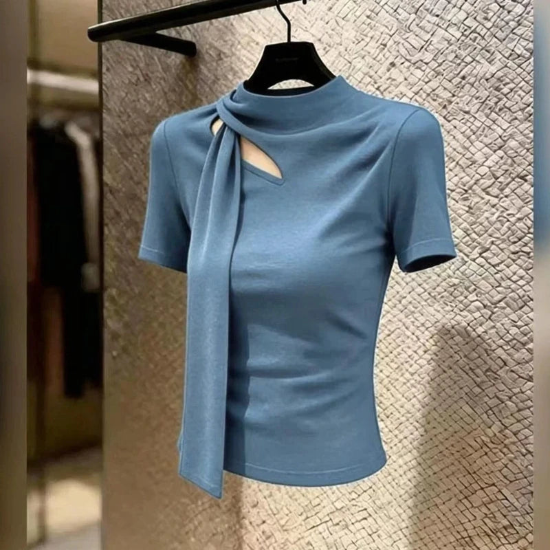 Elegant Hollow Out Slim Fit Short Sleeve Tee For Women
