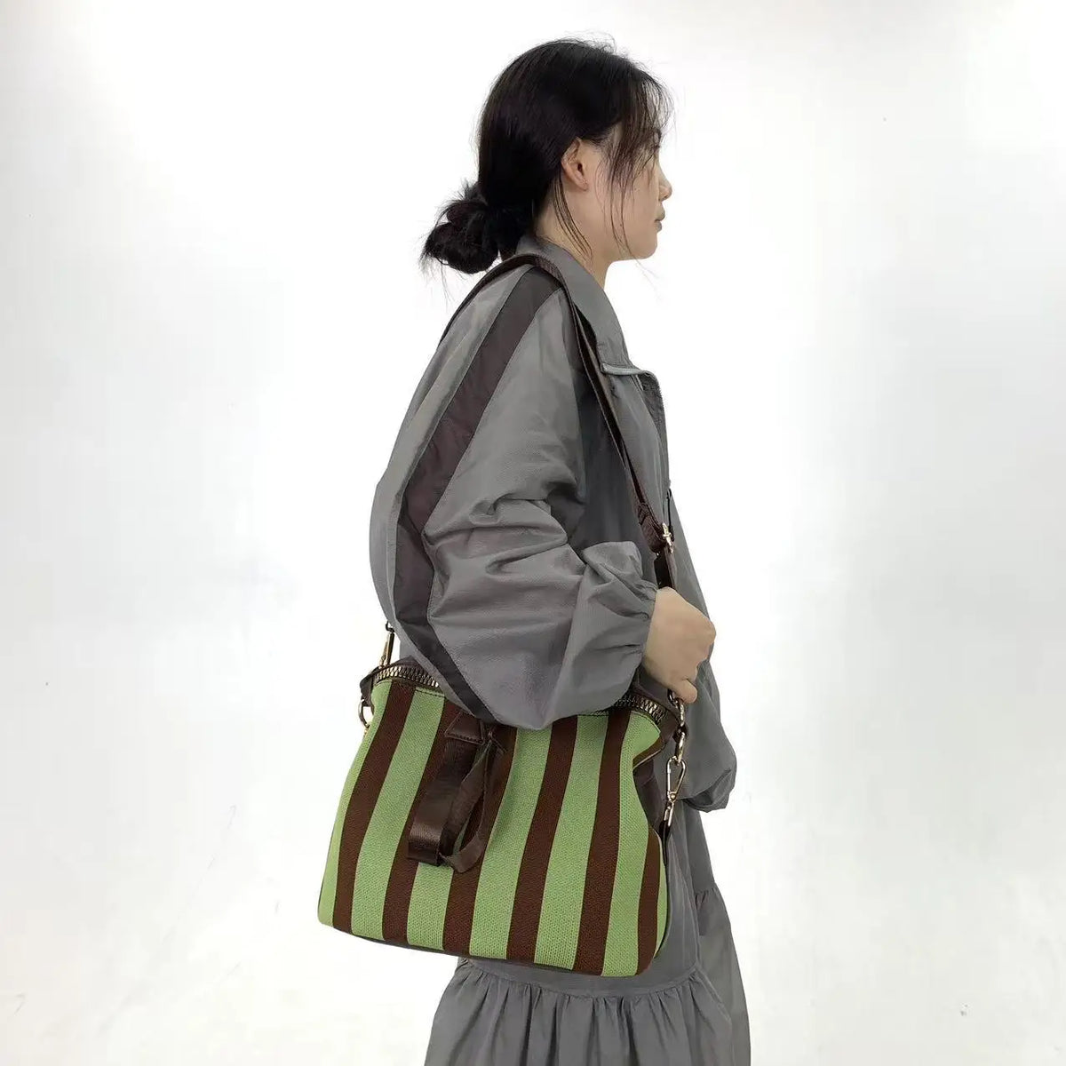 Quilted Striped Mesh Crossbody Shoulder Bag for Women