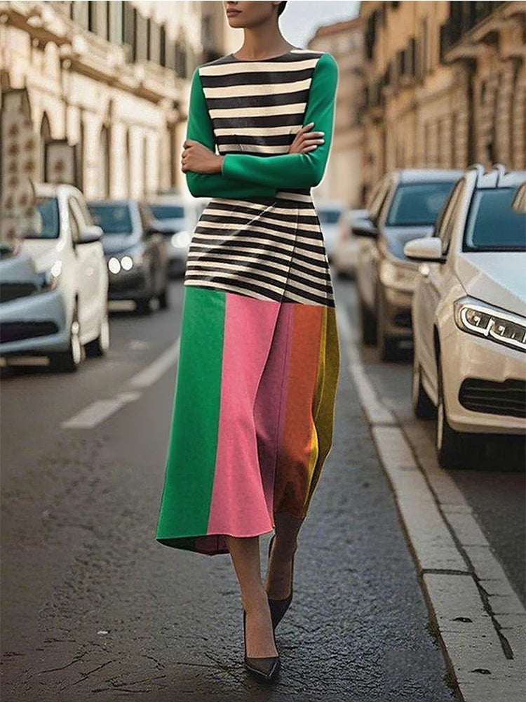 Gymystars Fashion Contrast Color Midi Dresses Women's Striped Party Dress Casual Long Sleeves Pleated Elegant Chic Dress Female