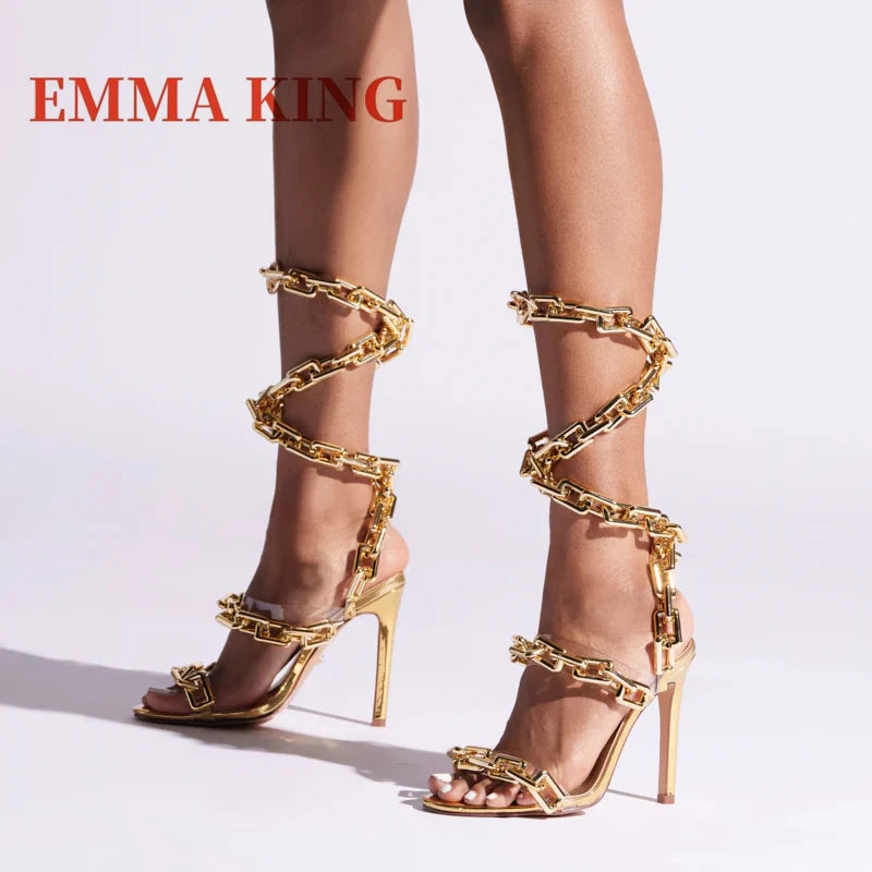 Gold Chain Straps Ankle Wrap Extra High Thin Heel Sandals for Women