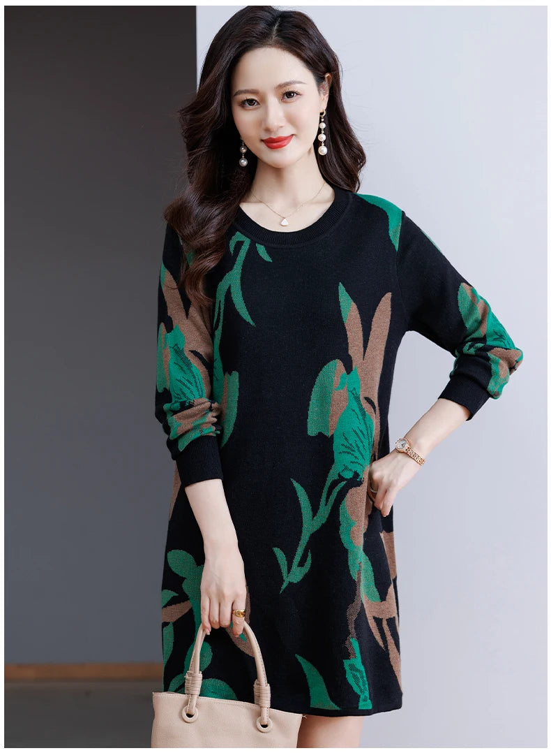 Print Sweater Dress Woman 2025 Autumn Winter Pullover Femme Women Clothing Long Sleeve Top Casual Long Knitwear Sweaters