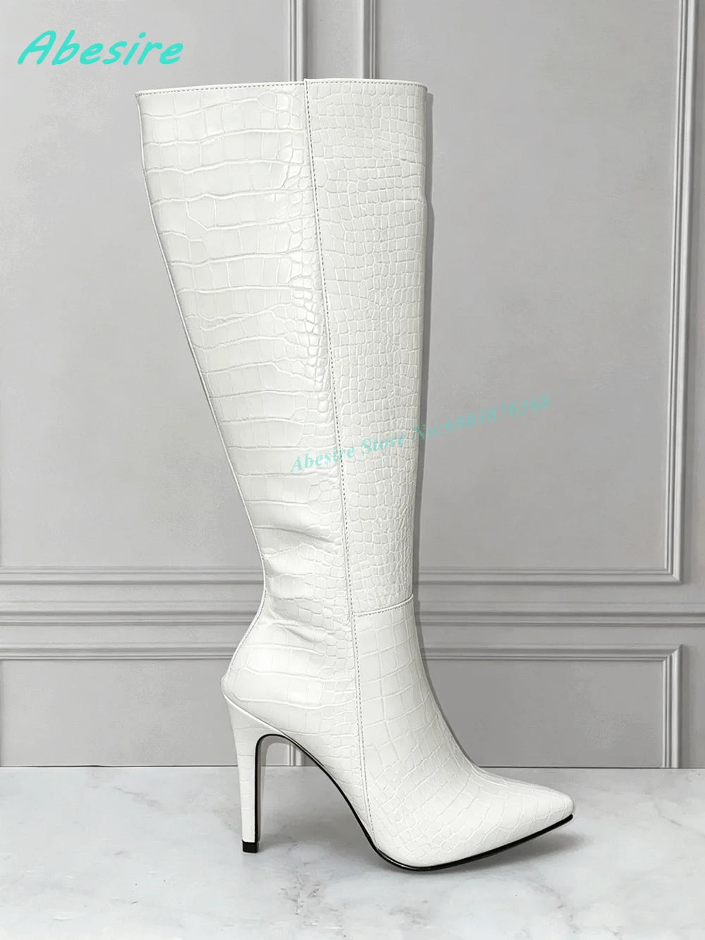 Burgundy Crocodile Pattern Knee High Boots Pointed Toe Stiletto Heel Side-Zipper Women's Boots Retro Sexy Daily Party Shoes
