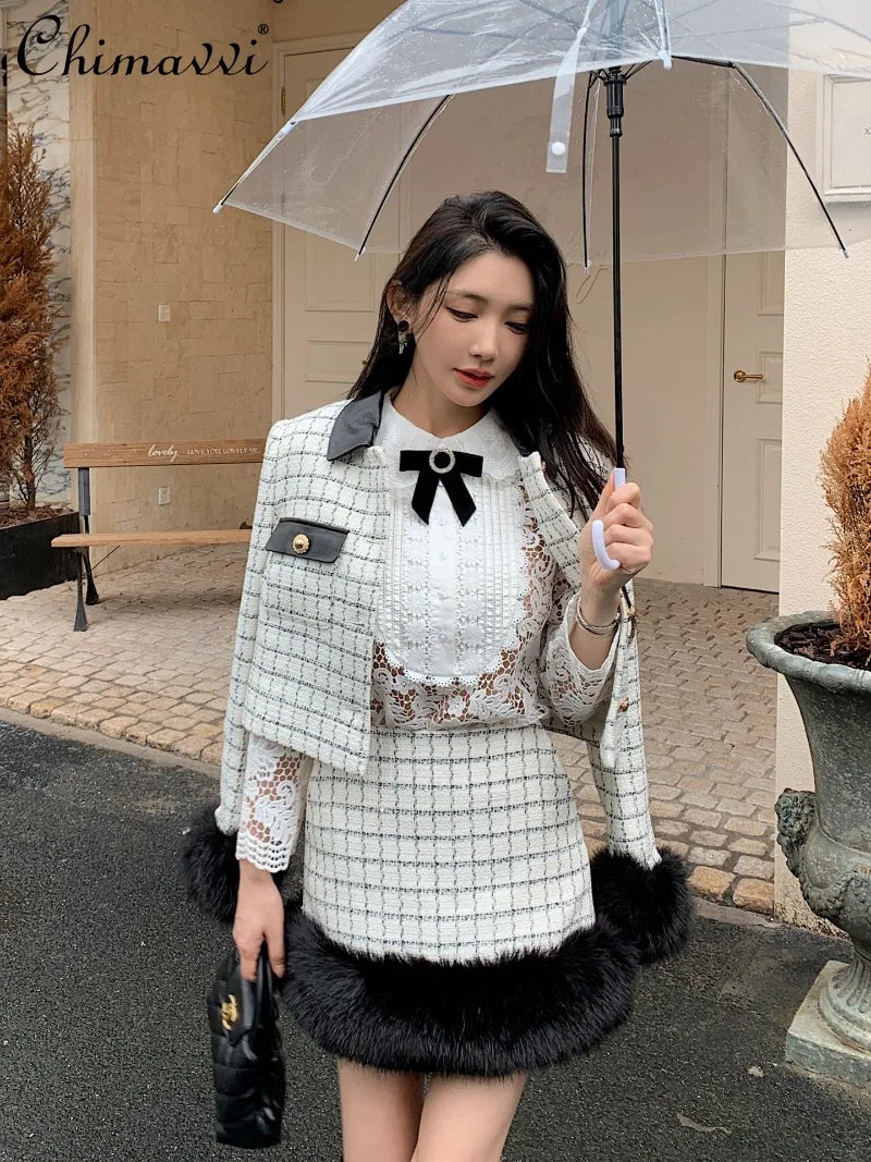 High-end French Fashion White Plaid Tweed Coat High Waist Short Skirt Long Sleeve Dress 2025 Autumn Winter Women's Clothing