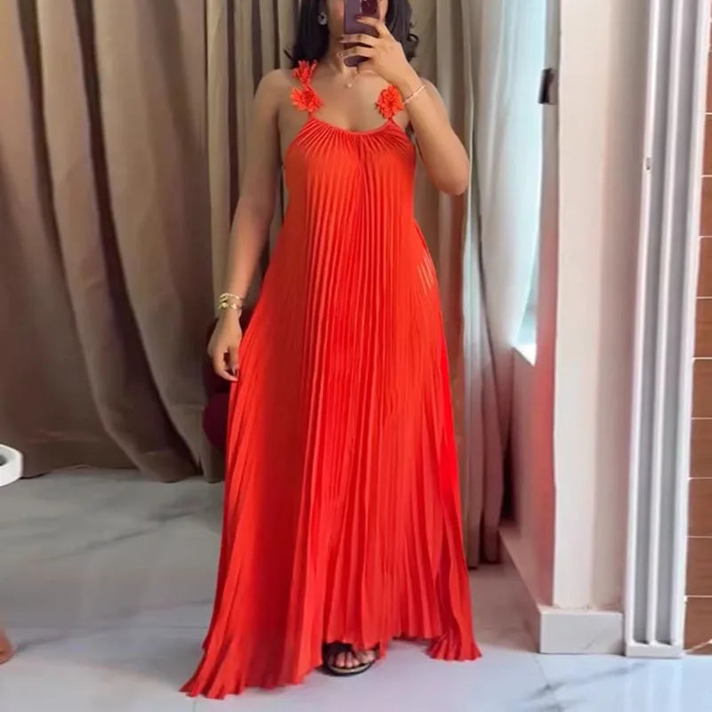 Pleated Strapless Flower Detail Maxi Dress for Women