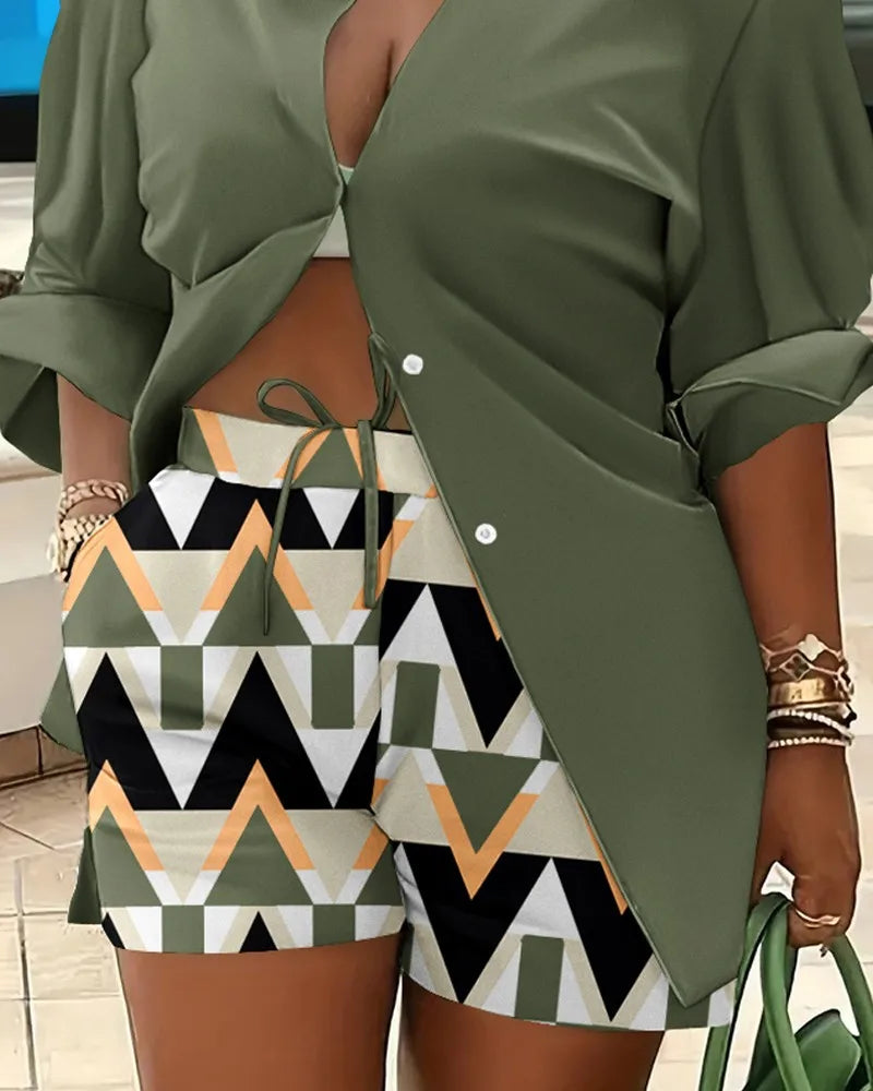 Casual Geometric Print Shirt Shorts Two Piece Set for Women