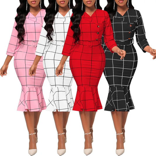 Sexy fashion solid color seven-quarter sleeve small V-neck women's dress SMR12189