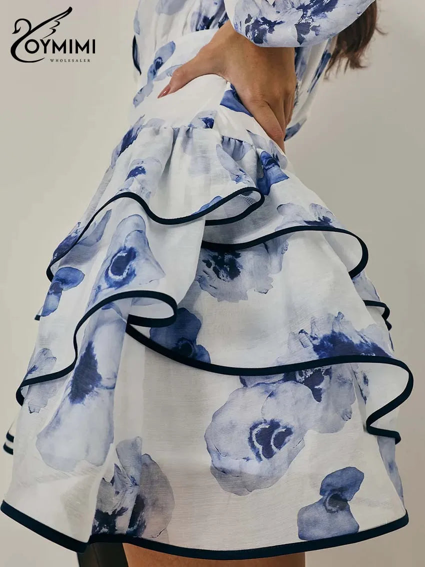Oymimi Elegant Blue Print Women's Dress Fashion O-Neck Long Sleeve Patchwork Button Dresses Casual High Waist Ruffled Skirts Set
