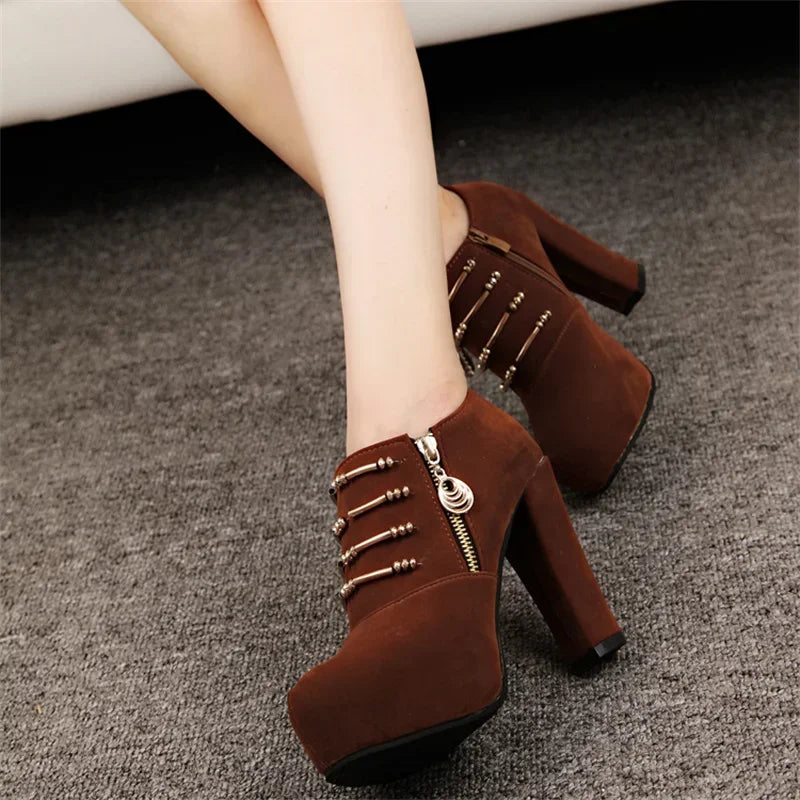 Elegant Lace Up Zip Square Heel Ankle Boots For Women