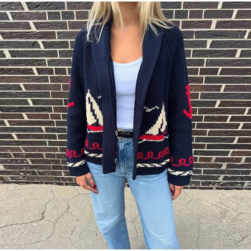 Cozy Jacquard Knit Turn-Down Collar Cardigan for Women