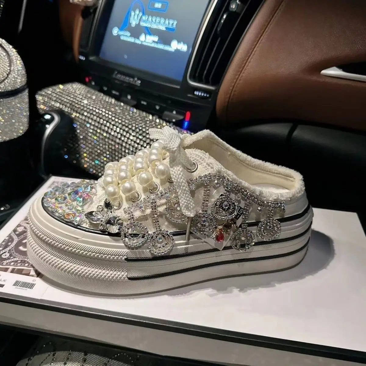 Shiny Sequined Pearl Stud Canvas Slippers for Women