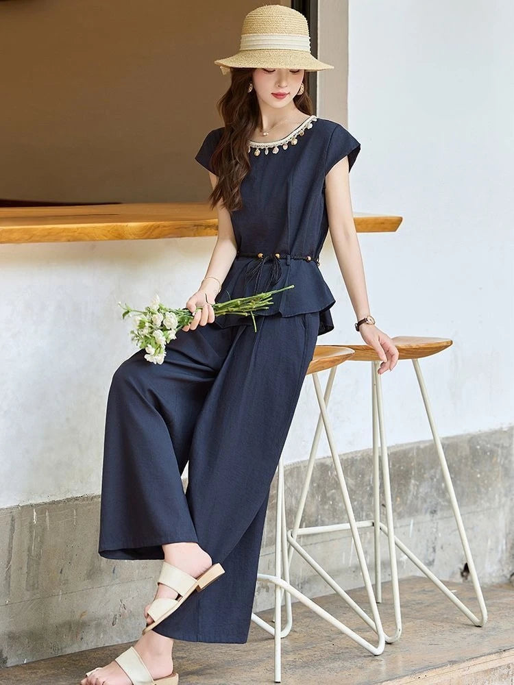 Women's Summer Wide Leg Pants Set 2026 New Arrival Elegant High End 2 Piece Outfit for Casual Chic Look Trending Fashion