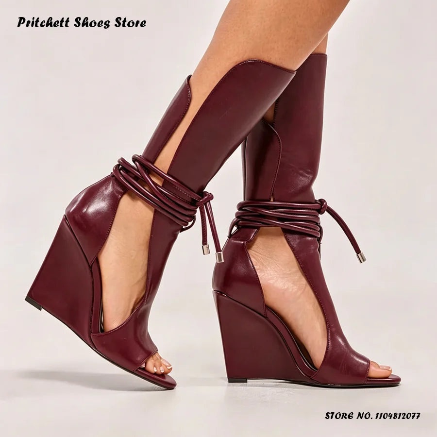 Lace Up Cross Tie Open Toe Wedge Ankle Boots for Women