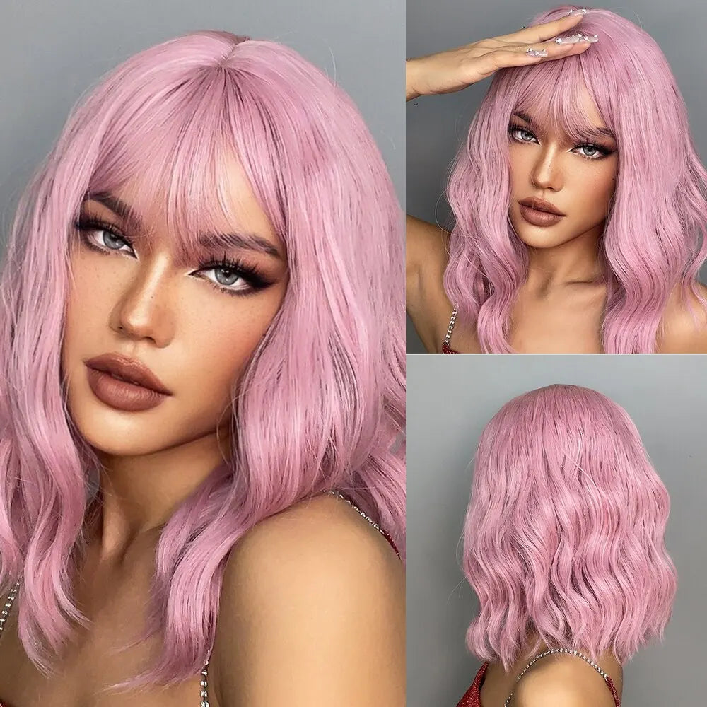 Heat Resistant Short Wavy Bob Wig With Bangs for Women