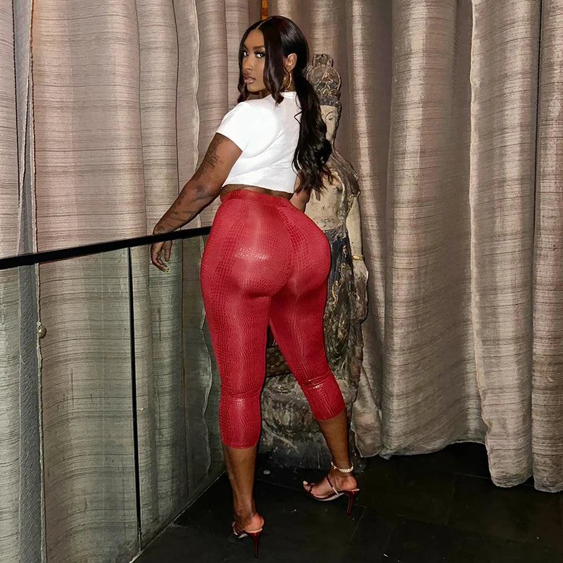 CUTENOVA Sexy Snake Print Solid Color Glossy Elastic High-Waisted Seven-Minute Casual Pants Summer New Women'S Clothing
