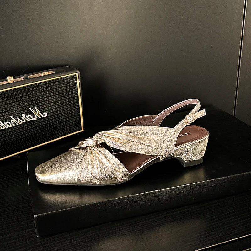 Handmade Real Leather Bowtie Square Heel Slingback Sandals for Women