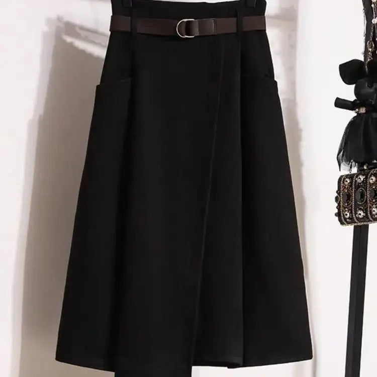 High Waisted Black Wool Midi Skirt With Pockets for Women