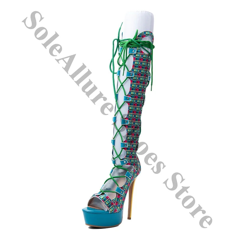 Colorful Plaid Peep Toe Knee High Lace Up Boots for Women