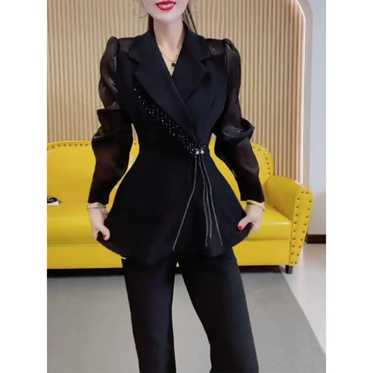 Spring 2025 New Fashion Foreign Style Suit Femininity Skinny Splicing Bubble Sleeve Top Pants Two-piece Set Lady Summer Suits