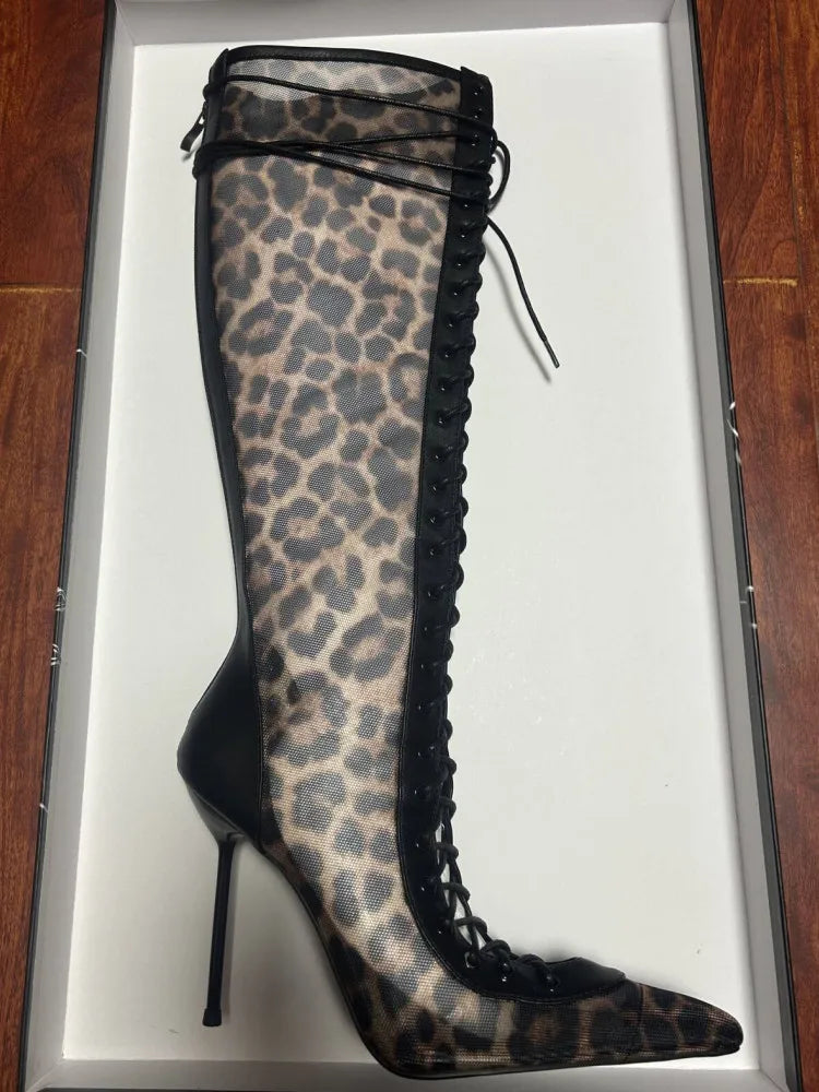 Lace Up Knee High Heeled Boots With Side Zipper for Women