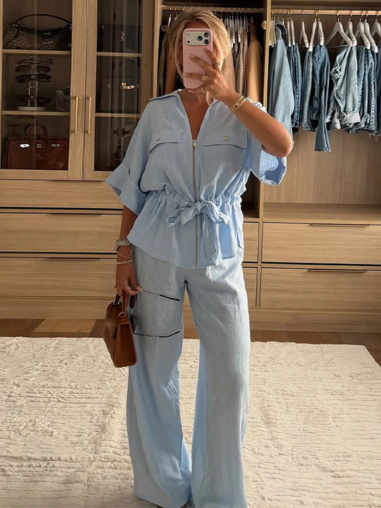 Casual Solid Chic Coat And Wide Leg Trouser Set for Women