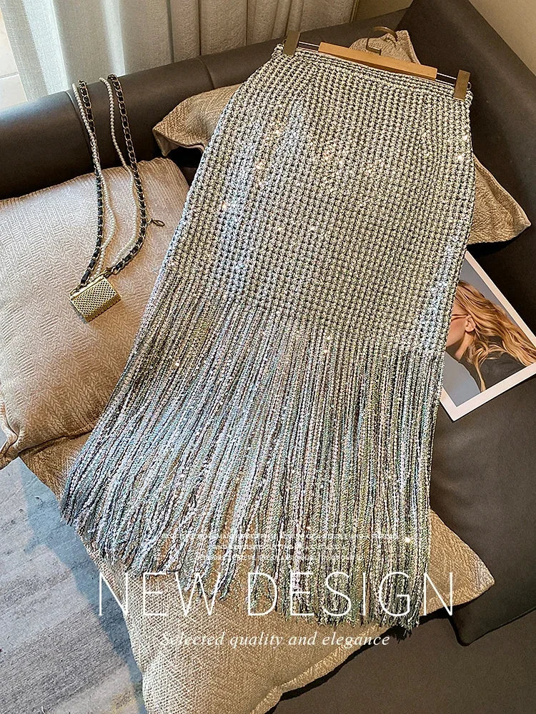 Women's Clothes High Waist Skirt Winter 2025 Early Autumn New Socialite Light Luxury Heavy Embroidery Sequins Tassel Midi Skirts