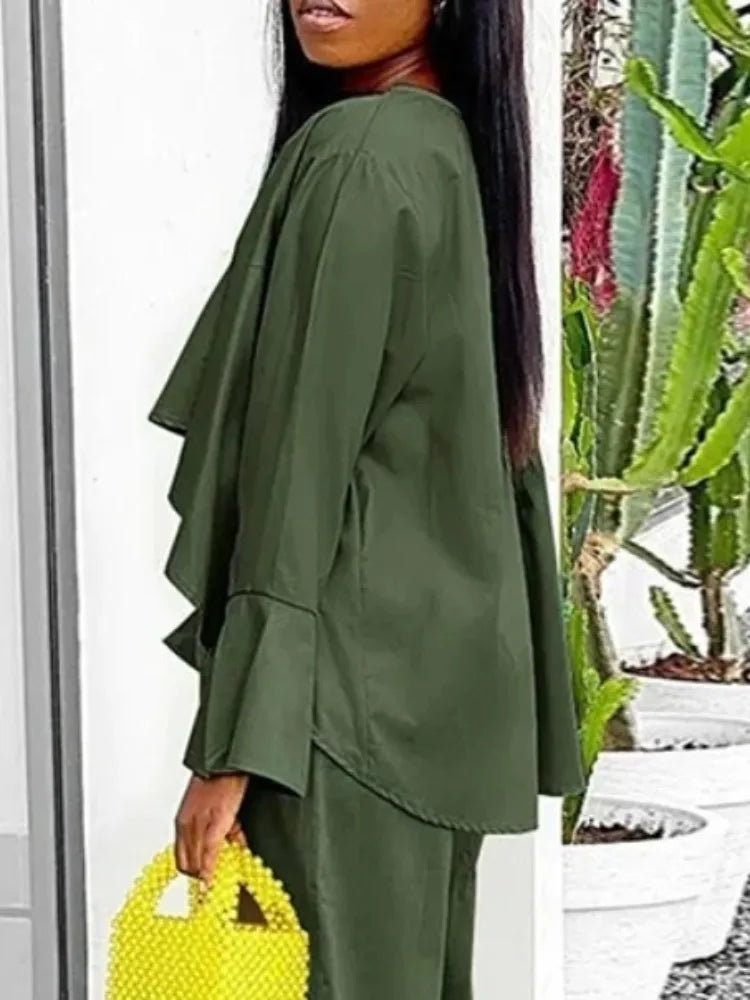 Beautyblue O-Neck High-low Tshirts Fashion Woman Clothing Casual Loose Pleated Lotus Leaf Sleeve Y2k Cotton Blouses&Shirts Tops