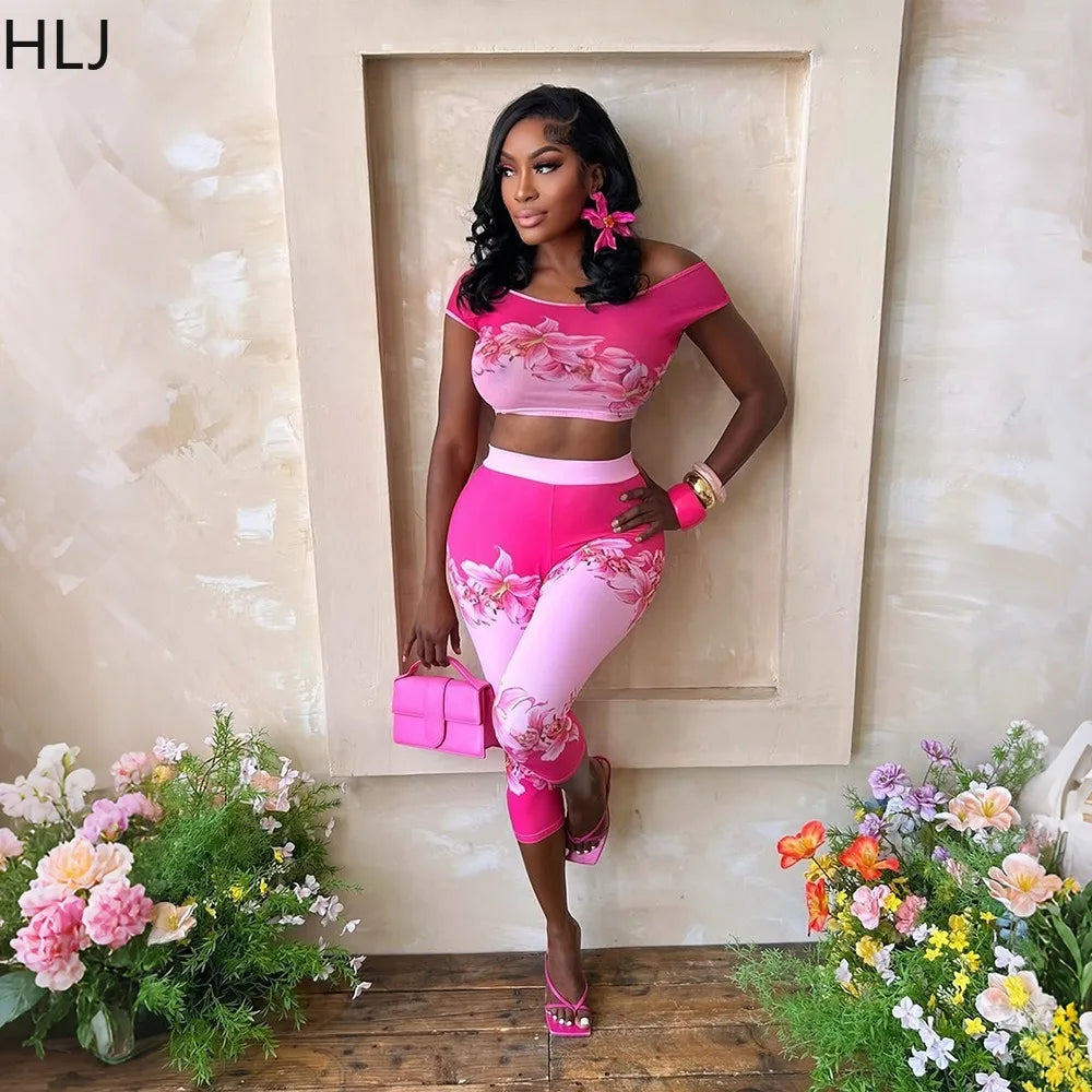 Casual Floral Print Off Shoulder Two Piece Set for Women