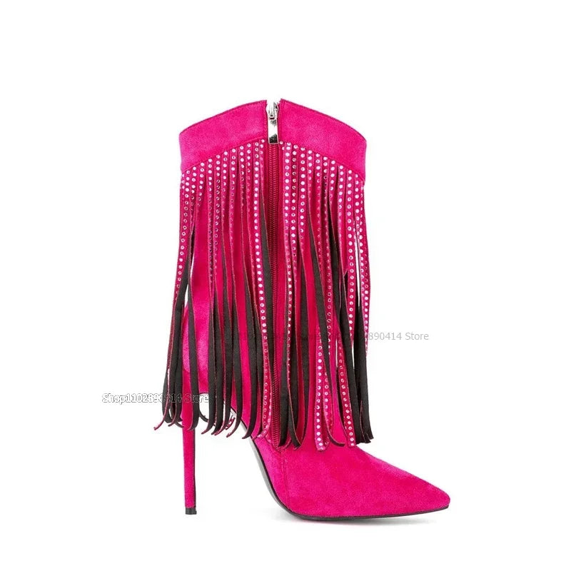 Black Pointed Toe Boots With Crystal Tassels For Women