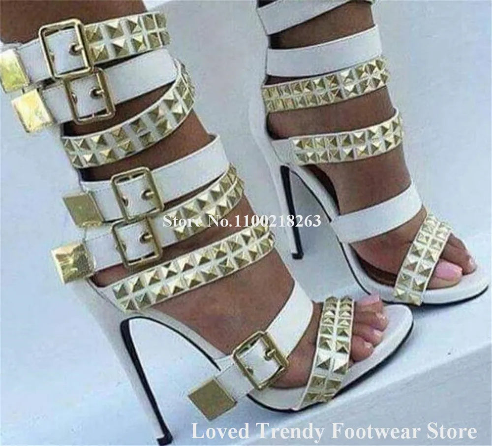 Gold Rivet Ankle Strap Stiletto Heel Sandals for Women
