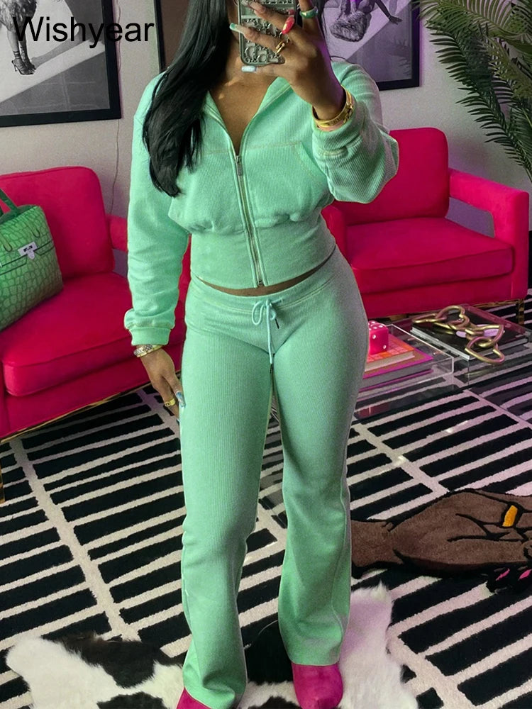 Waffle Knit Two Piece Flared Pants Tracksuit Set for Women