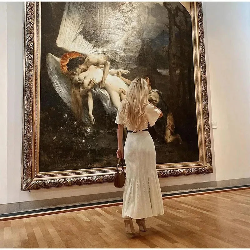 Elegant Pleated Hem Street Fashion O Neck Bell Sleeve Slim Knit Midi Dress 2025 Women Summer Beach Swimsuit Cover Up Tunic A3055