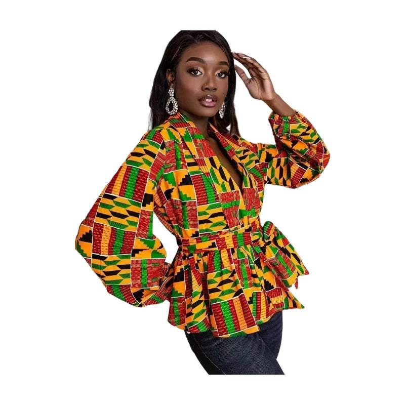 Women's Notched Lapel Long Sleeve Printed Wrap Peplum Top For Daily Vacation Street Casual Fashion Occasions