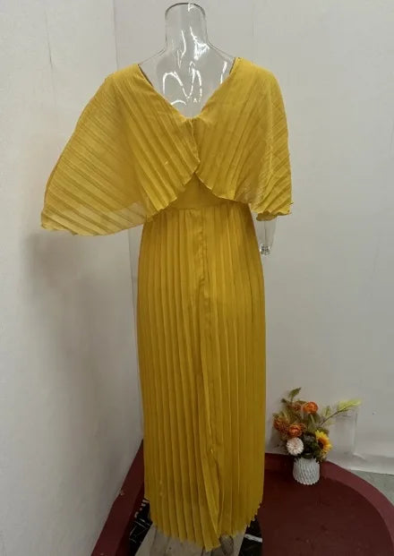 Solid Color V-Neck Bat-Sleeve High-Waisted Dress for Women