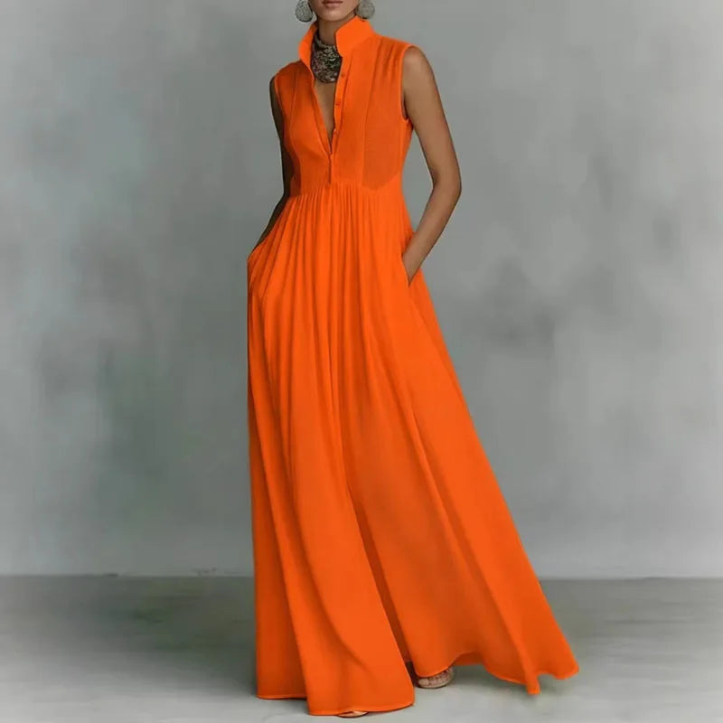 Bohemian Stand Collar Button Maxi Shirt Dress for Women