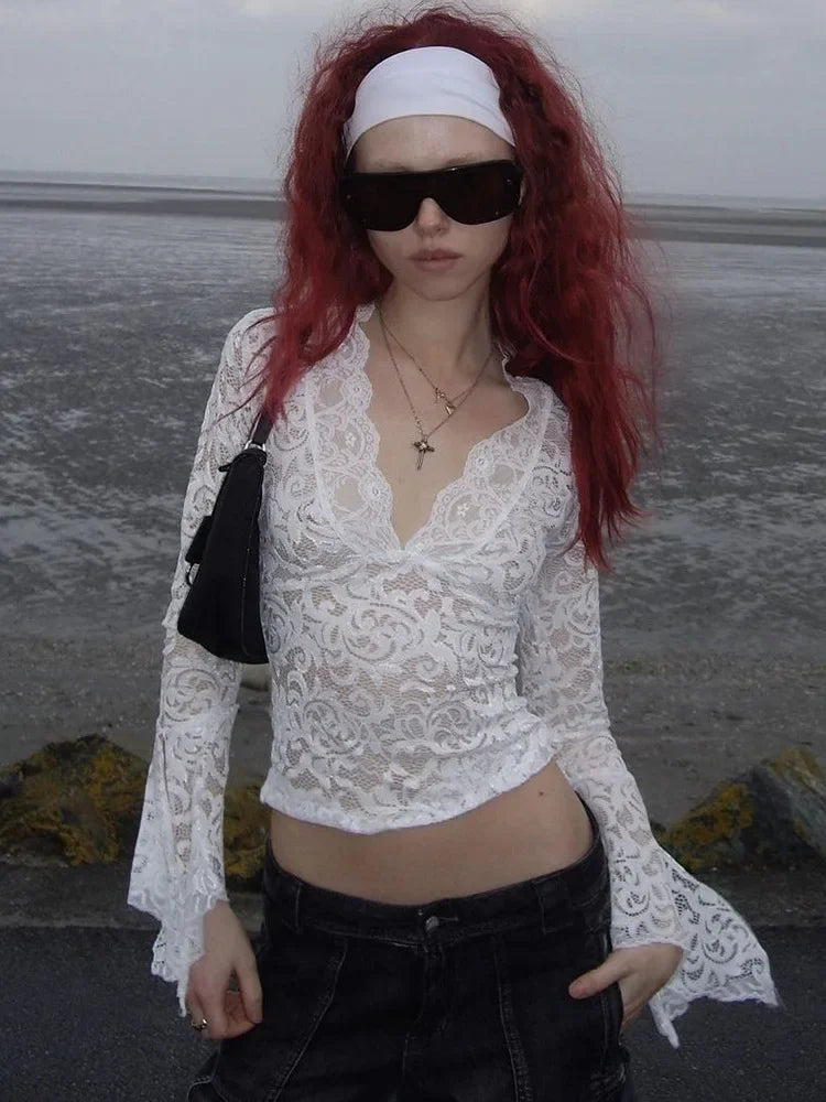 Aesthetic Lace Top Women Sexy Clothing See Through Deep V Neck Flared Long Sleeve T Shirts Party Clothes Clubwear