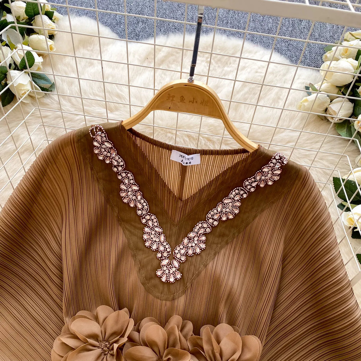 Diamond Embellished Batwing Sleeve Blouse for Women