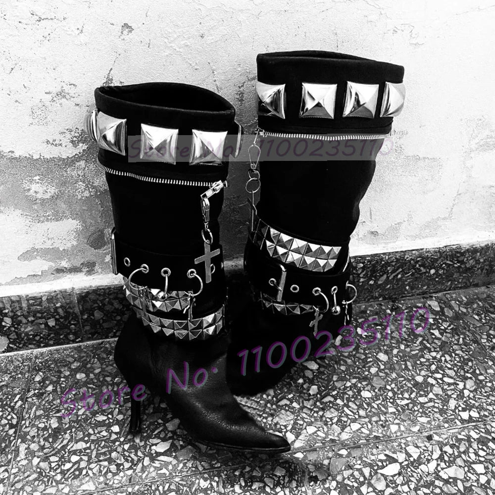 Black Pointed Toe Thin Heel Knee High Boots For Women