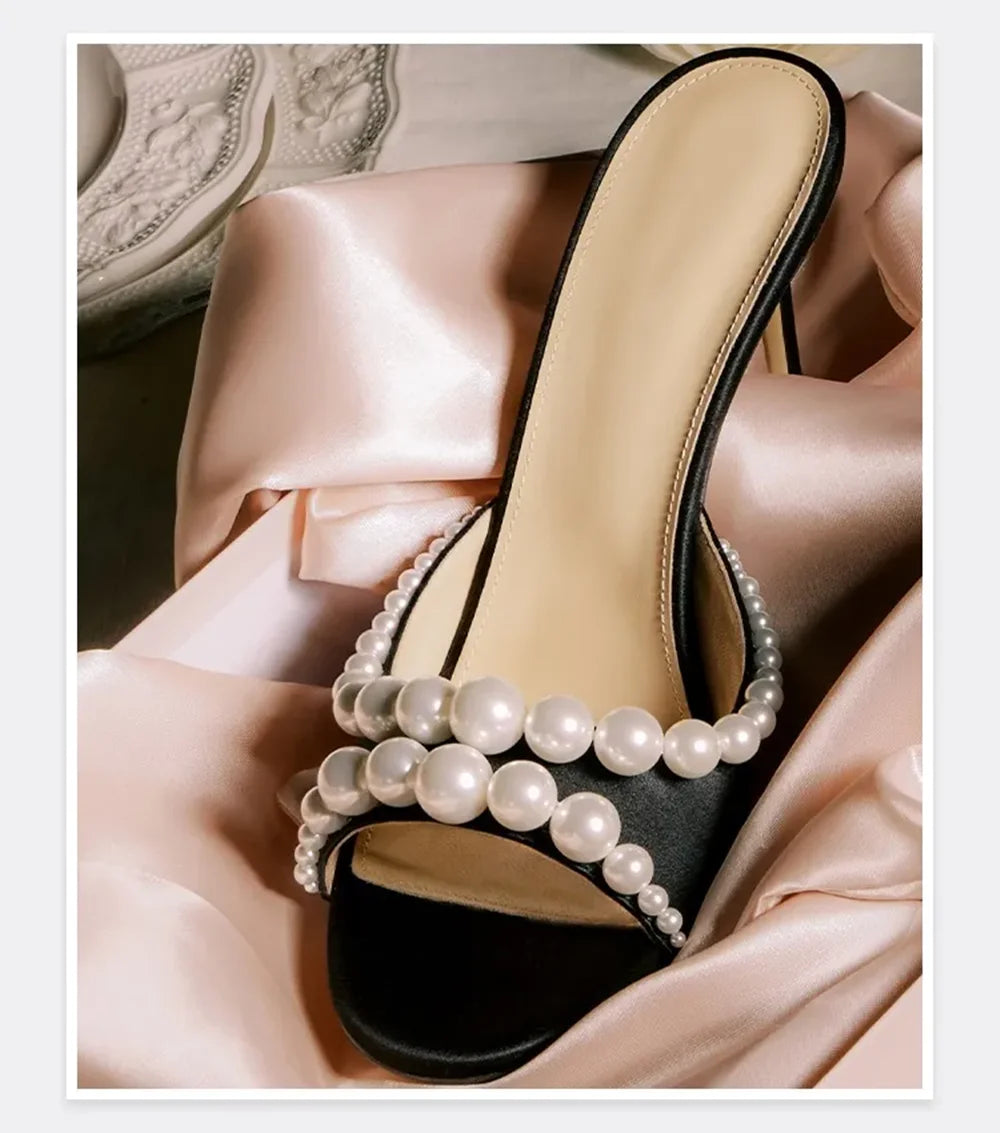 Black Satin Pearl Stiletto Sandals