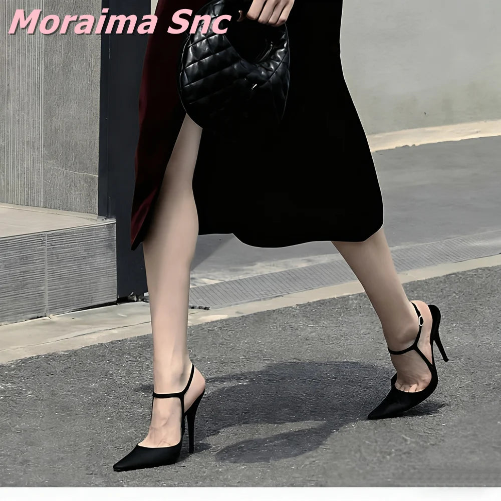 Black Satin Pointed Toe Ankle Strap Stiletto Sandals For Women